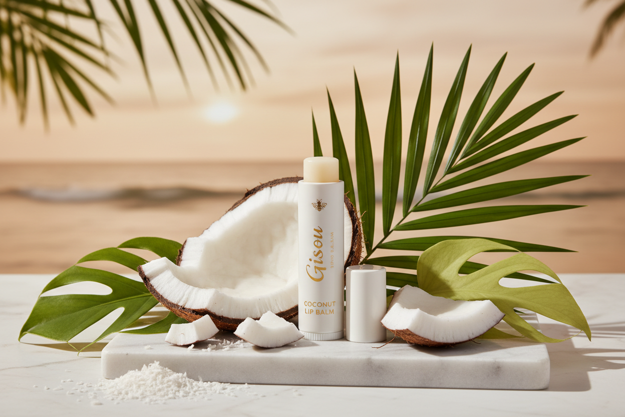 baume a levre gisou noix de coco avec un fond 