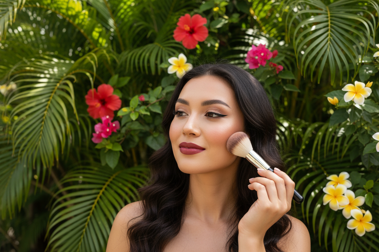 femme belle et maquiller qui se met du blush avec un fond tropical