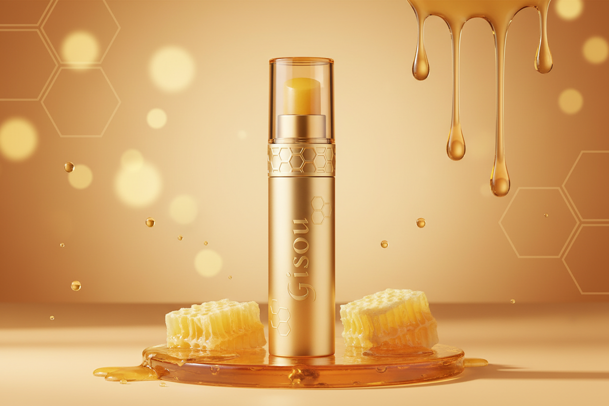 genere moi une image de baume a levre gisou avec un fond en coherence